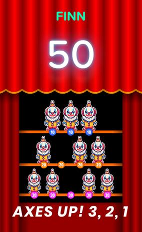 Rows of clowns on shelves in front of a red curtain