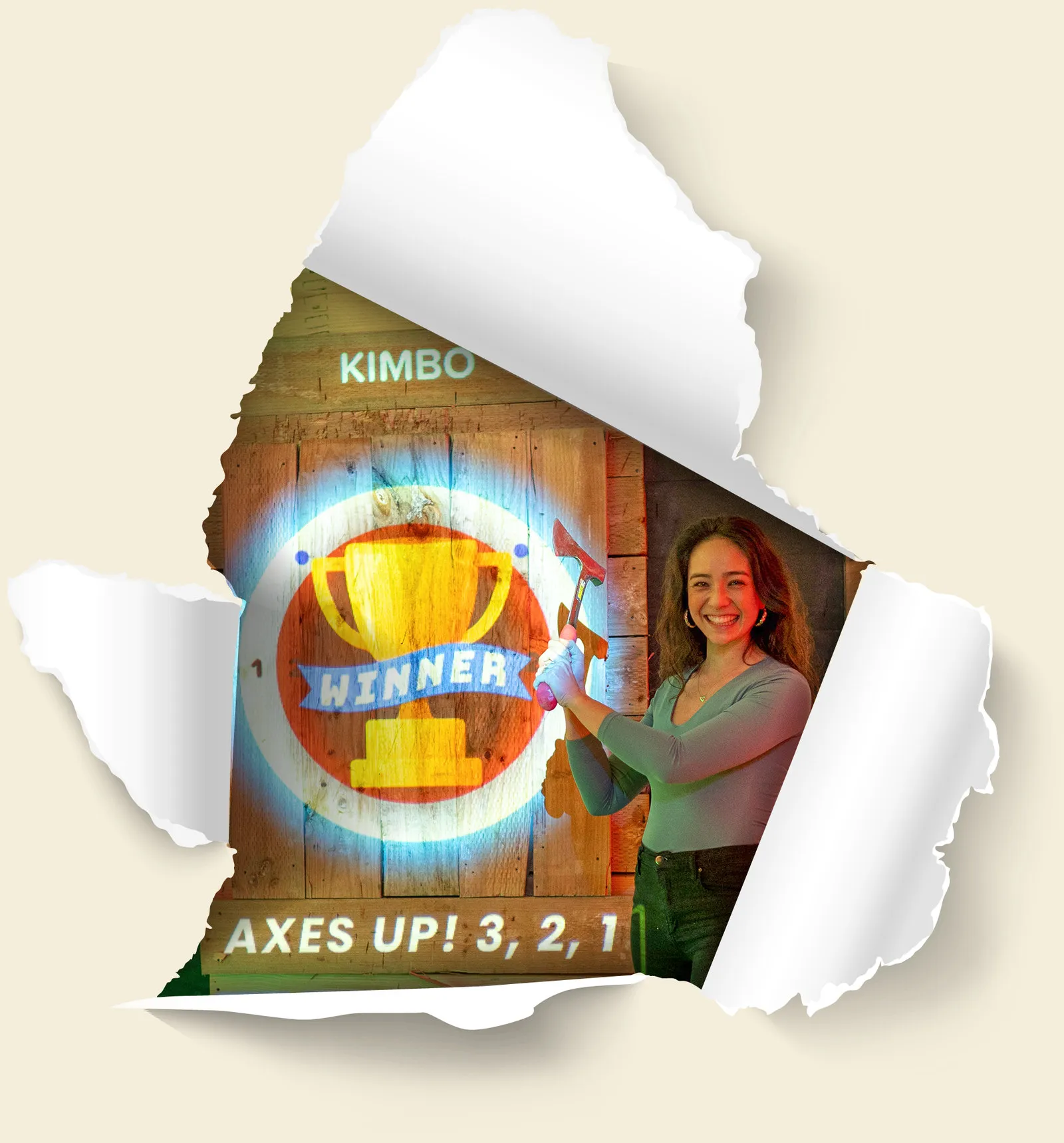 Smiling woman next to a digital target showing a winner trophy